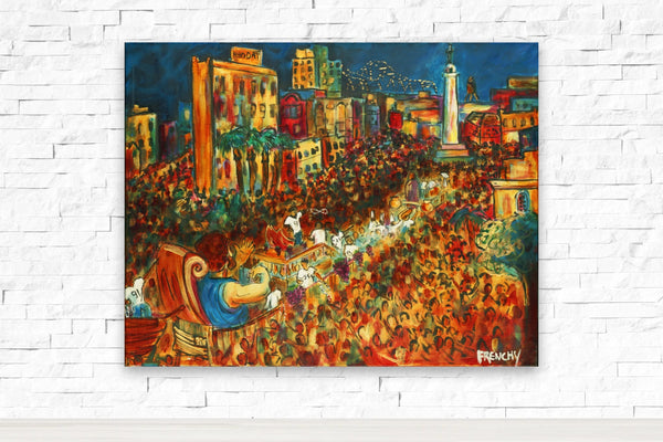 New Orleans Saints Super Bowl Parade by Frenchy, shown on a white brick wall